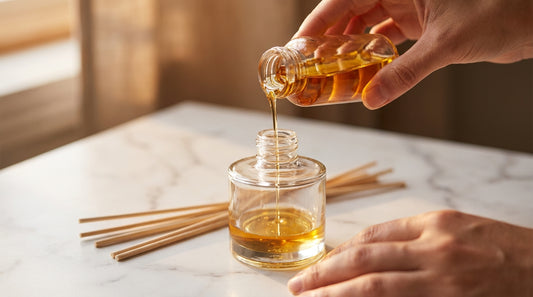Reed diffuser oils: pouring an amber fragrance oil refill into a glass reed diffuser bottle