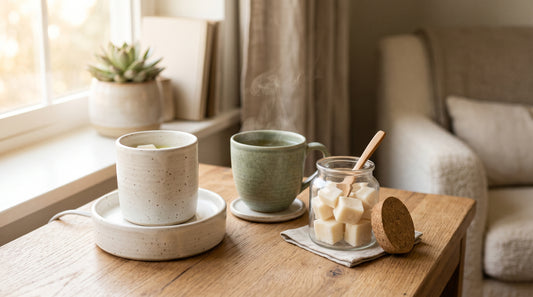 An $8 plate warmer on a desk holding a ceramic mug of green tea next to an open jar of soy wax melts, showing the multi-use design at work