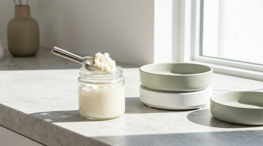 How to use wax melts: a small metal scoop lifting a heaped portion of soft scoopable wax from an open jar beside a white electric warmer