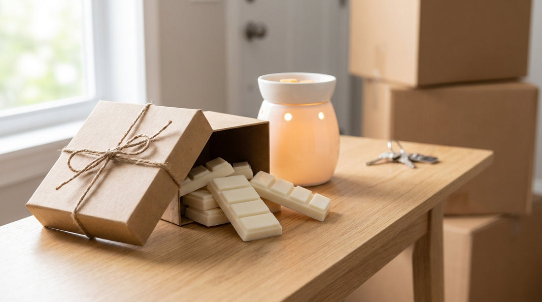 Best housewarming gifts: soy wax melt snap bars in a kraft gift box beside an electric wax warmer in a new home