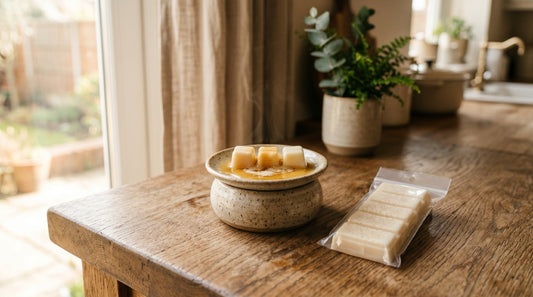 A row of three soy wax cubes melting in a ceramic plate warmer next to a sealed snap bar package on a wooden countertop in soft natural window light