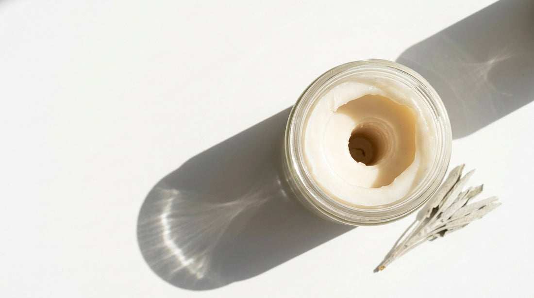 How to fix a tunneled candle: overhead view of an unlit candle with a deep narrow crater and a thick ring of unburned wax around the rim