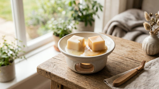 Two halves of complementary soy wax cubes melting together in a ceramic plate warmer dish on a wooden side table with soft natural light from a window