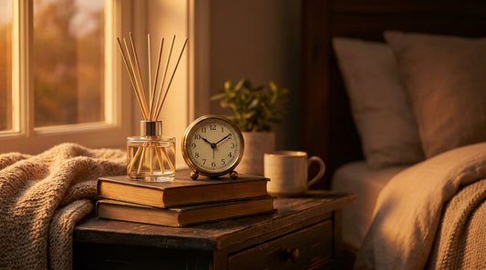 How long reed diffusers last: a reed diffuser beside an analog clock on a nightstand at dusk