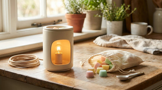 Soy wax melts beside a glowing electric wax warmer on a wood kitchen counter in warm morning light