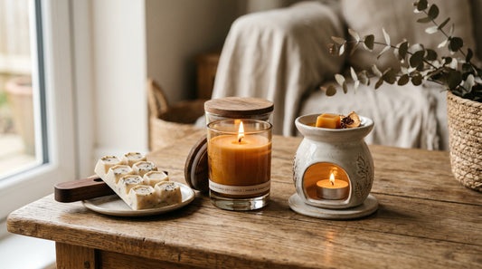 Soy snap bar with six wax cubes next to a 7-ounce soy candle in a glass jar on a wooden table next to a small ceramic plate warmer in soft natural light