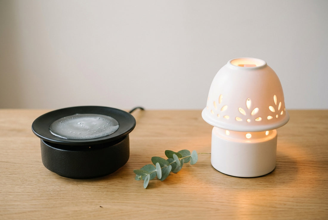 Side-by-side comparison of an $8 ceramic plate wax melt warmer and a $40 decorative lamp warmer with a halogen bulb, both melting a soy wax cube on a wooden table