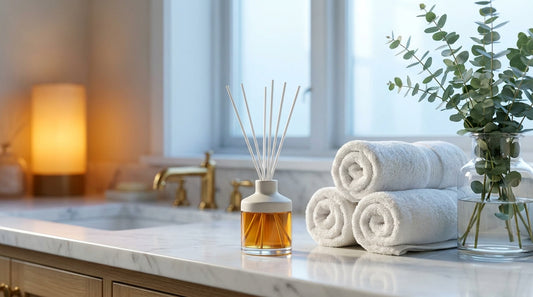 Best reed diffusers for every room: a reed diffuser on a marble bathroom shelf with rolled towels