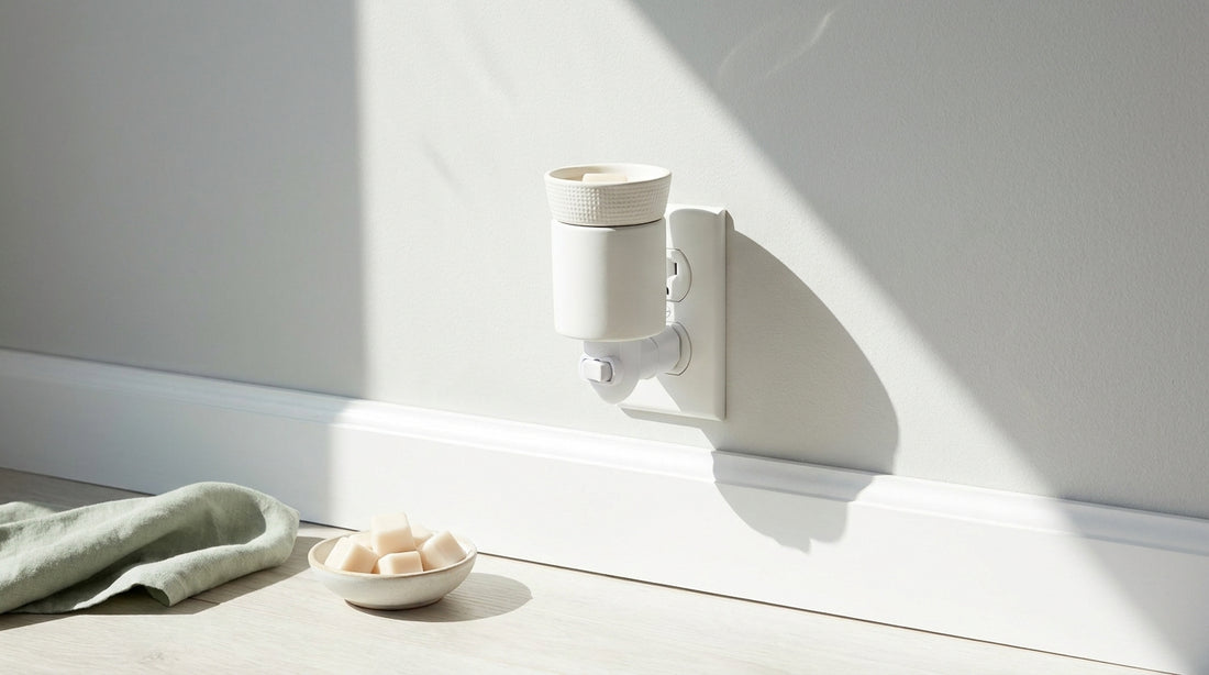 Are wax warmers safe: a plain white electric plug-in wax warmer seated in a wall outlet at skirting height with a neat cord and nothing draped over it