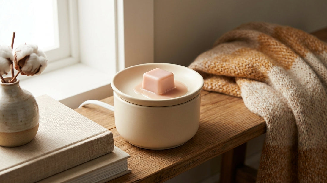 A pastel soy wax melt cube melting in an electric warmer dish on a cozy home shelf