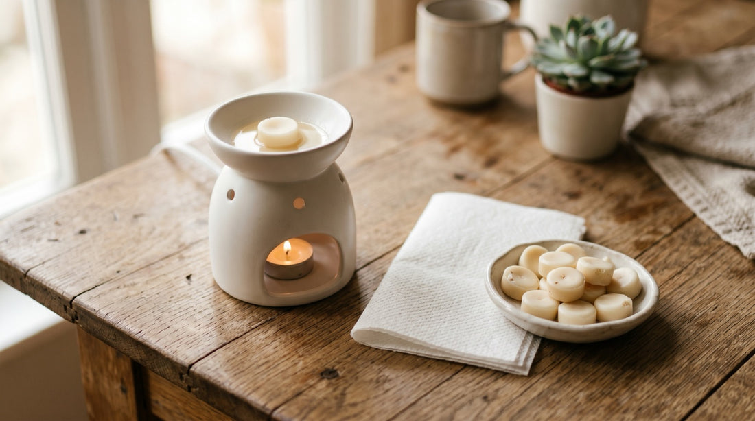 Clean white ceramic plate wax warmer next to a folded paper towel and a small dish of solid soy wax discs on a wooden table in soft natural light