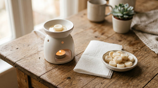 Clean white ceramic plate wax warmer next to a folded paper towel and a small dish of solid soy wax discs on a wooden table in soft natural light