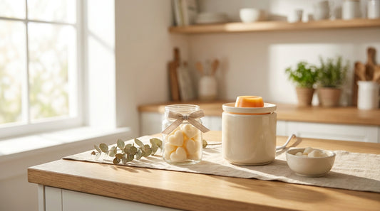 Soy wax melts and a modern flameless electric plate warmer on a bright kitchen counter