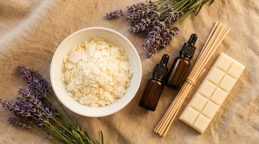 Non-toxic essential oil reed diffuser ingredients: soy wax flakes, lavender, essential oil bottles, and rattan reeds