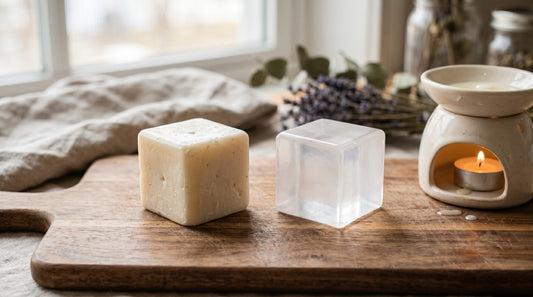 Side by side comparison of a cream colored soy wax cube and a translucent paraffin wax cube on a wooden cutting board next to a small ceramic plate warmer in soft natural light