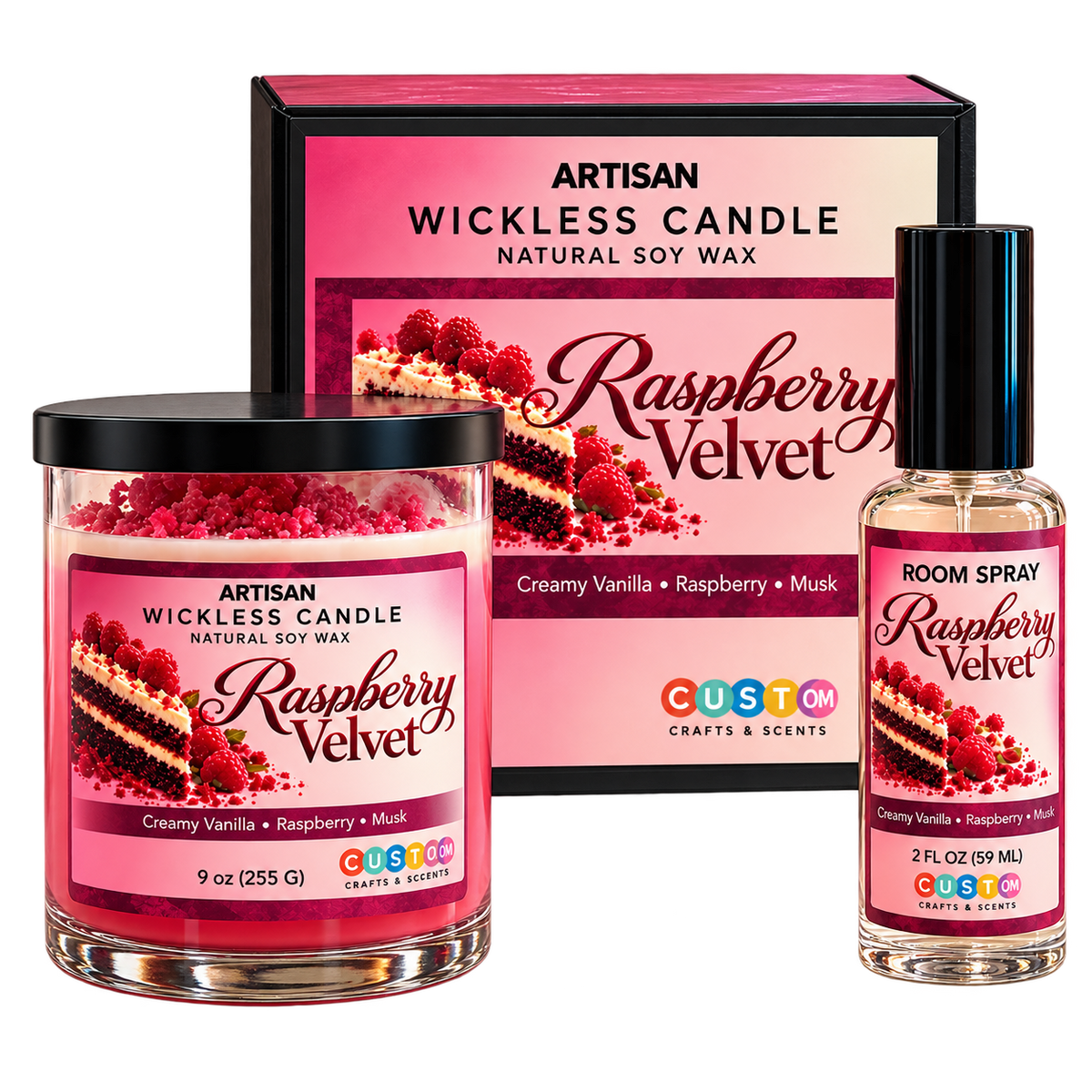 Raspberry Velvet | Artisan Wickless Candle & Room Spray Set