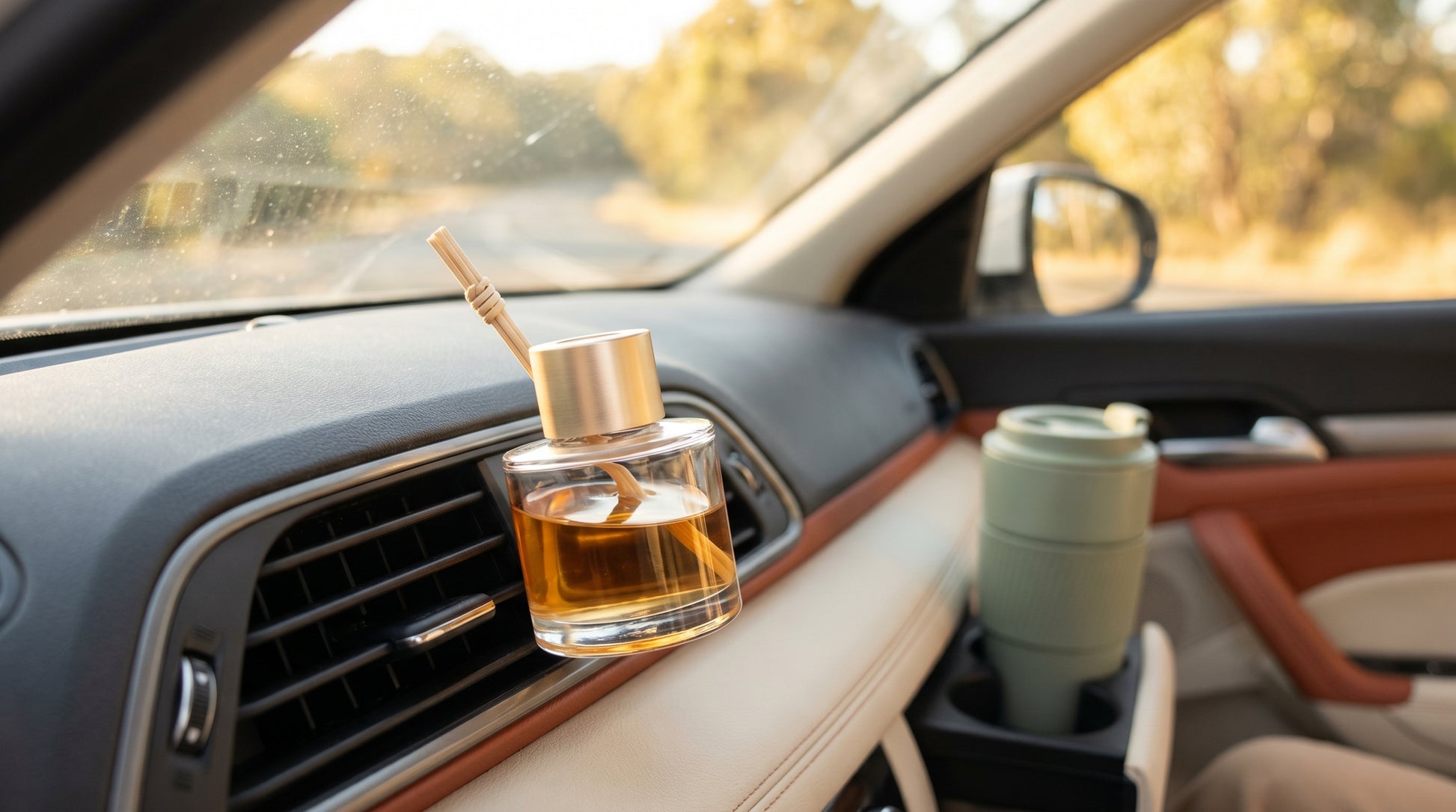 Car refresher diffuser glass bottle with gold cap and rattan reed clipped to a vent