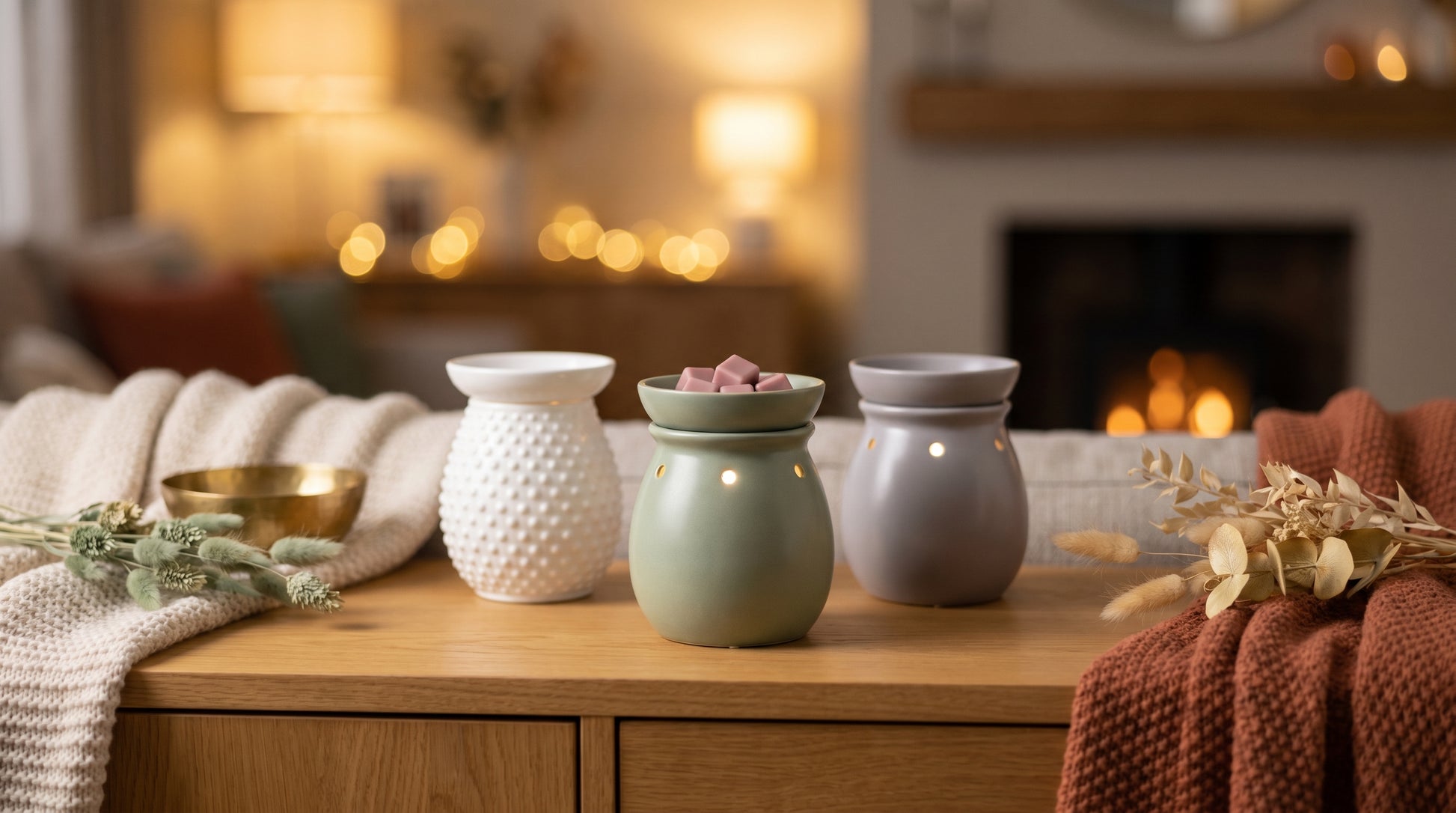 Electric wax melt warmers trio on warm oak sideboard — sage, pewter, and hobnail
